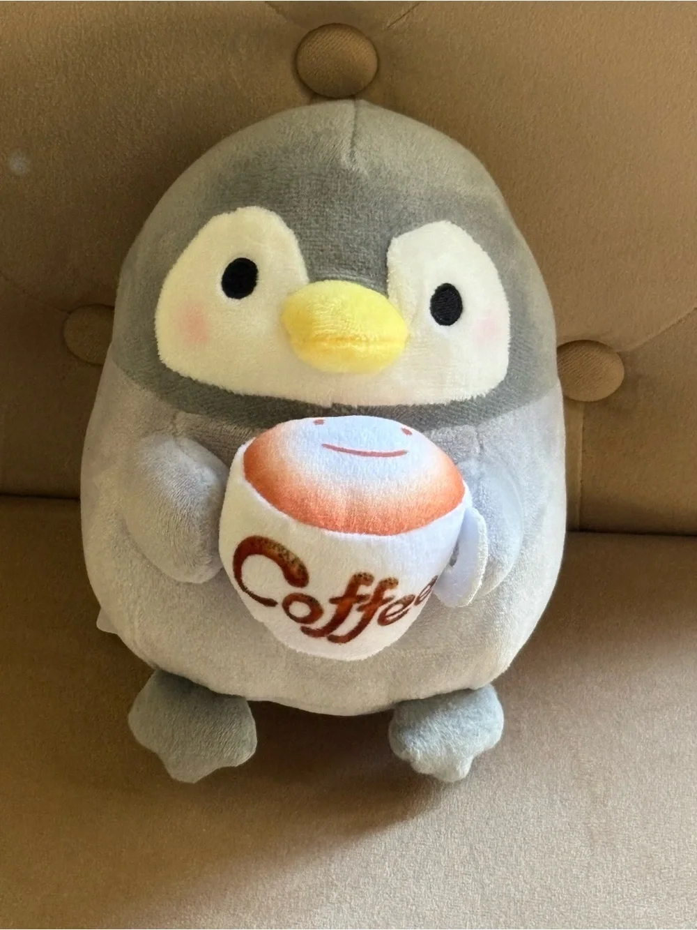 NWT Takashoji Gray Penguin Plush with Coffee Cup - Plush Toy (~6” tall)
